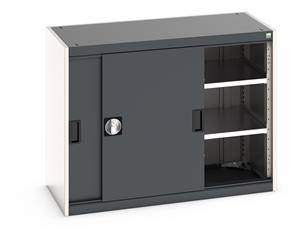 Bott cubio cupboard with lockable sliding doors 800mm high x 1050mm wide x 525mm deep and supplied with 2 x 100kg capacity shelves.   Ideal for areas with limited space where standard outward opening doors would not be suitable.... Bott Cubio Sliding Door Cupboards restricted space tool cupboard